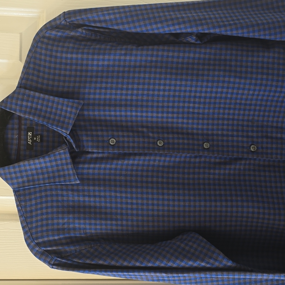 APT.9 BRAND MEN'S BLUE & GRAY PLAID LONG SLEEVE FRONT BUTTON SHIRT SIZE MEDIUM
